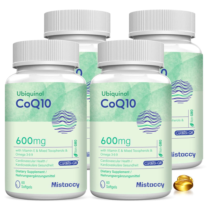 CoQ10 600mg Softgels | High Absorption CoQ10 Ubiquinol Supplement | Reduced Form Enhanced with Vitamin E & Omega 3 6 9 | Antioxidant Powerhouse Good for Health| 240 Softgels Yellow 60 Count (Pack of 4)