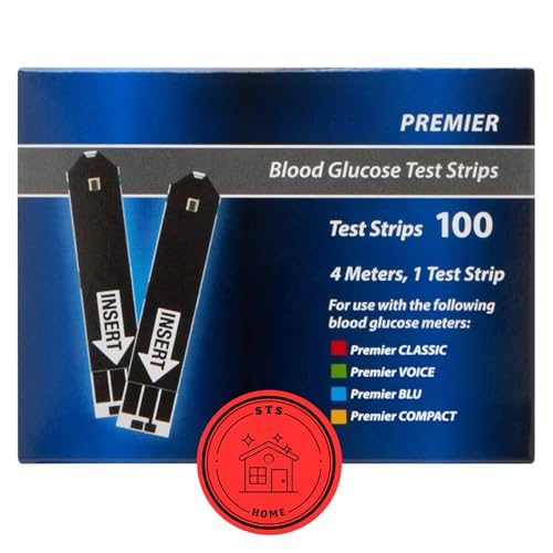 Premier Blood Glucose Test Strips | Blood Glucose Test Strip | Blood Sugar Test Strips | Premier Test Strips 100 Count + STS Sticker.