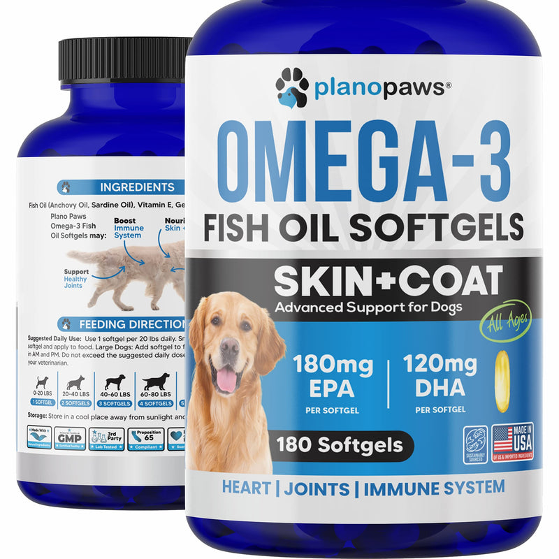 Omega 3 Fish Oil for Dogs Capsules - Salmon Oil for Dogs - Dog Fish Oil Supplement May Help Shedding, Allergy, Itching - Support Dry Skin, Joints - Dog Skin and Coat Supplement - 180 Fish Oil Pills 180 Count - PawsPlanet Australia