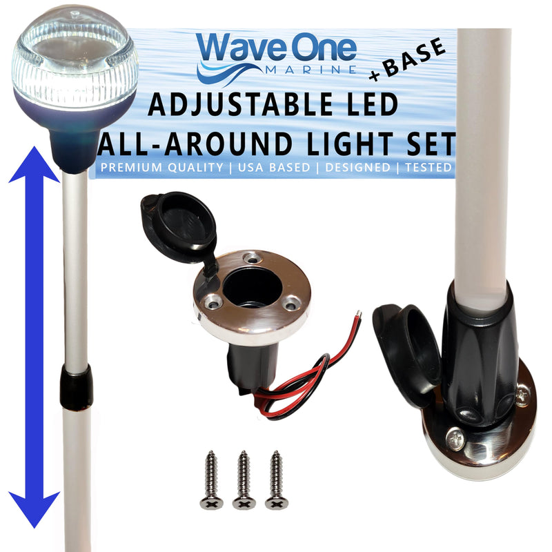 Wave One Marine ADJUSTABLE Telescoping All-Around Anchor Light With Stainless Base | LED Boat Pole Aft Stern Navigation USCG 2NM | 12 Volt DC | 360 Night Nav Waterproof 28"-42" - BeesActive Australia