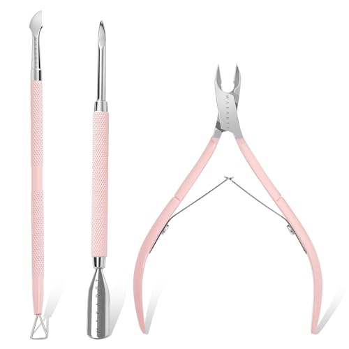Makartt 3 Pcs Pink Cuticle Nipper Set, Stainless Steel Pusher & Scraper Pink-3pcs