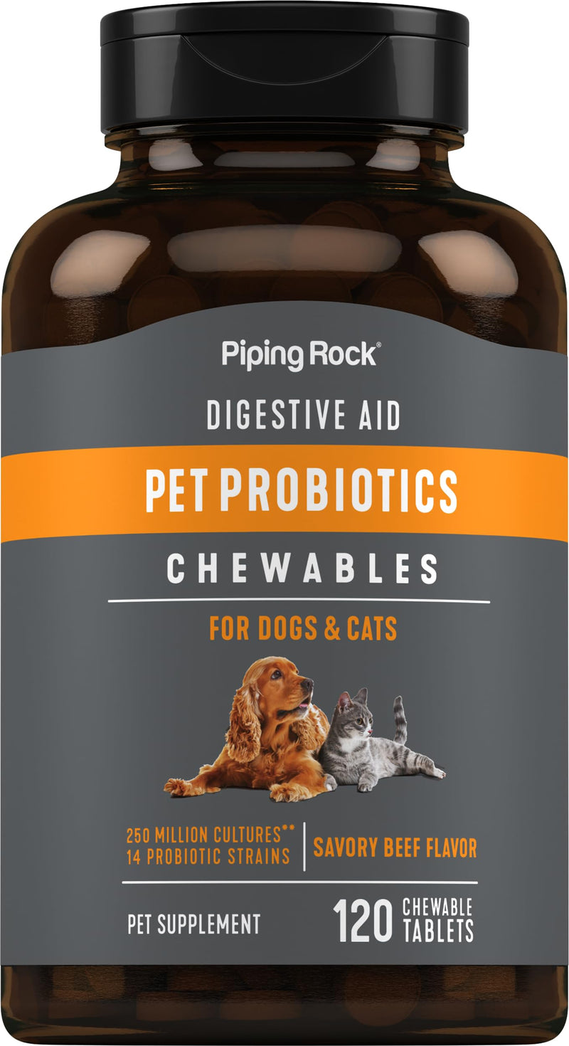 Piping Rock Probiotics for Dogs and Cats | 120 Chewables | Digestive Health Supplement with 14 Strains | Savory Beef Flavor | Non-GMO & Gluten Free