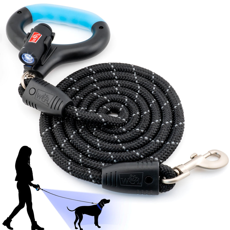 WIGZI Luna Dog Leash with Rechargeable LED Light No Batteries, Detachable Light, Liquid Filled Gel Comfort Handle, Reflective Heavy-Duty Rope, 6 Ft Length up to 200lb Dog, Black Color - BeesActive Australia