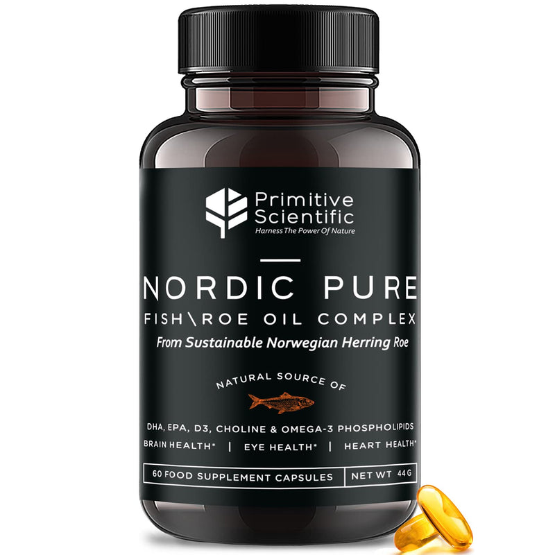 Primitive Scientific Nordic Pure Oil Complex (60 Fish Oil Capsules) for Brain, Immunity & Vision - Heart Supplement w/EPA, DHA, Vitamin D3, Choline - Omega 3 Supplements