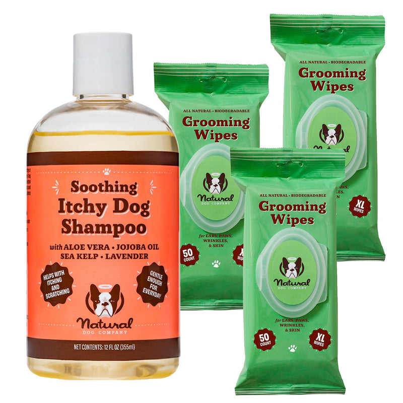 Natural Dog Company Grooming Bundle with (1) Itchy Dog Shampoo,12 oz. and (3) Grooming Wipes, 50 Count Each - PawsPlanet Australia