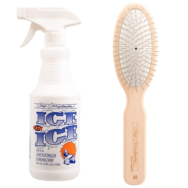 Chris Christensen Ice on Ice Detangle and Finishing Spray + 20mm Oval Original Series Brush: Adds Elasticity & Strength - Stainless Steel Pins, White, Dog Brush - PawsPlanet Australia