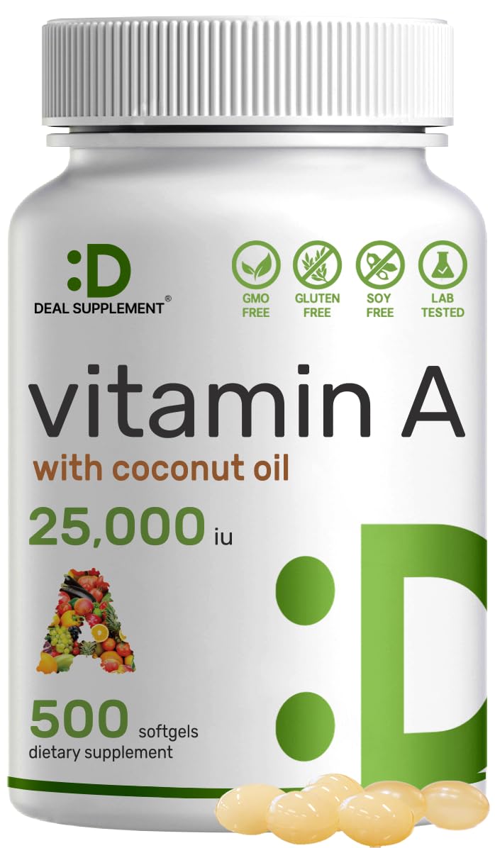 DEAL SUPPLEMENT High Potency Vitamin A 25000 IU, 500 Coconut Oil Softgels | Easily Absorbed, Natural Fish Liver Oil Source – Vitamins for Eye, Immune, & Skin Health – Easy to Swallow, Non-GMO - BeesActive Australia