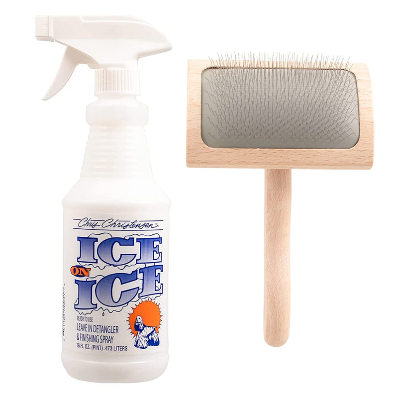 Chris Christensen Detangler & Finishing Spray with Dog Brush Bundle: Ice on Ice Detangler Adds Elasticity & Strength, Mark VI Slicker Brush - Stainless Steel Pins - PawsPlanet Australia