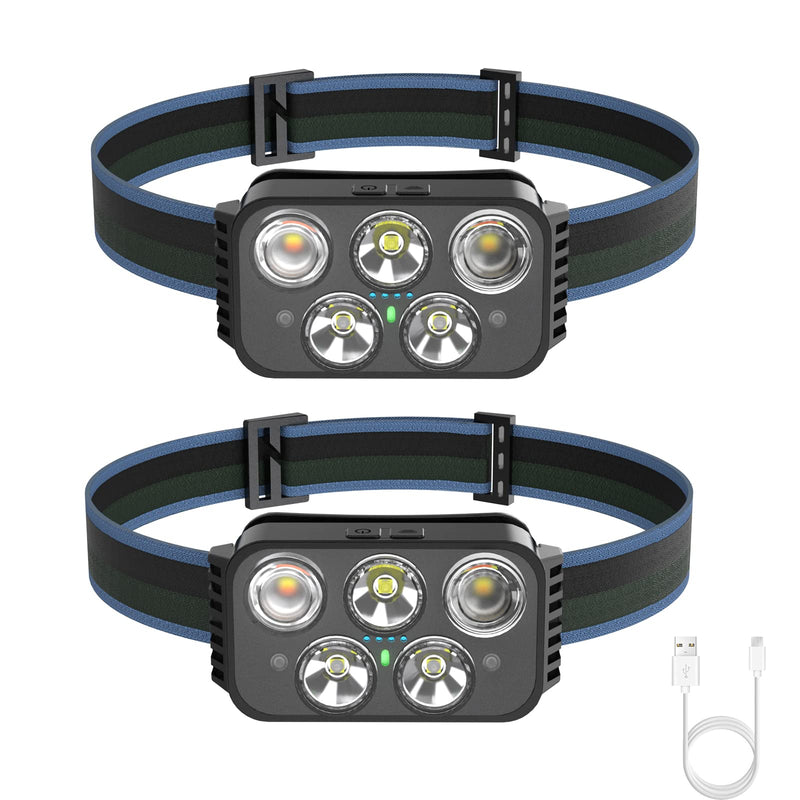 Headlamp Rechargeable, 400 Lumen Super Bright Motion Sensor LED Headlamps, Waterproof Head Flashlights with White Red Light, 6 Modes Headlamp Flashlight for Camping Cycling Running-2 Pack