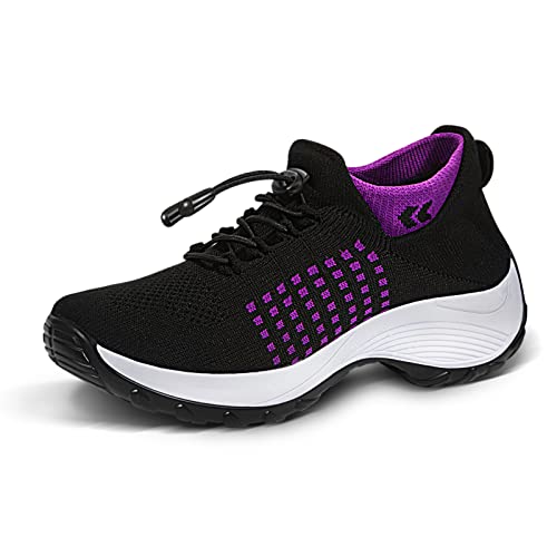 Women's Orthopedic Comfort Walking Shoes, Cushioned Stretch Sneakers 8.5 Black-purple