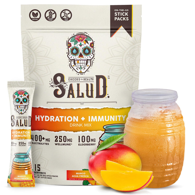 Salud 2-in-1 Hydration + Immunity Drink Mix, Mango | Electrolytes Powder, Agua Fresca, Elderberry, Dairy & Soy Free, Non-GMO, Gluten Free, Vegan, 1g Sugar (15 Servings)