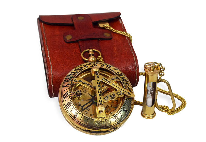 Handcrafted Vintage Brass Sundial Compass – Antique Nautical Sun Clock with Leather Case – Engraved Collectible Brass Compass Gift for Men - Nautical Gifts for Men, Best Anniversary Vintage Gifts