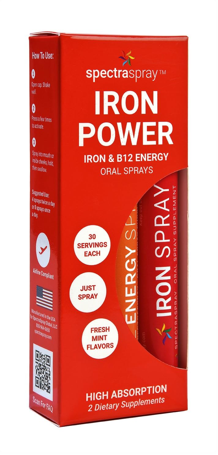 SpectraSpray Iron & B12 Liquid Vitamin Oral Spray Kit - Food Grade Iron as an Essential Daily Mineral and B12. Vegan, Gluten Free & Highly Effective, 30 Day Supply per Spray | Iron Power Kit, Food Grade Ferrazone Iron as an Essential Daily Mineral and ...