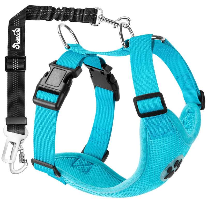SlowTon Dog Seat Belt Harness for Car, Dog Car Harness Adjustable Mesh Breathable & Dog Seatbelt Safety Tether with Elastic Bungee for Small Medium Large Pets(Light Blue, Double Clip, L) D-Light Blue - BeesActive Australia