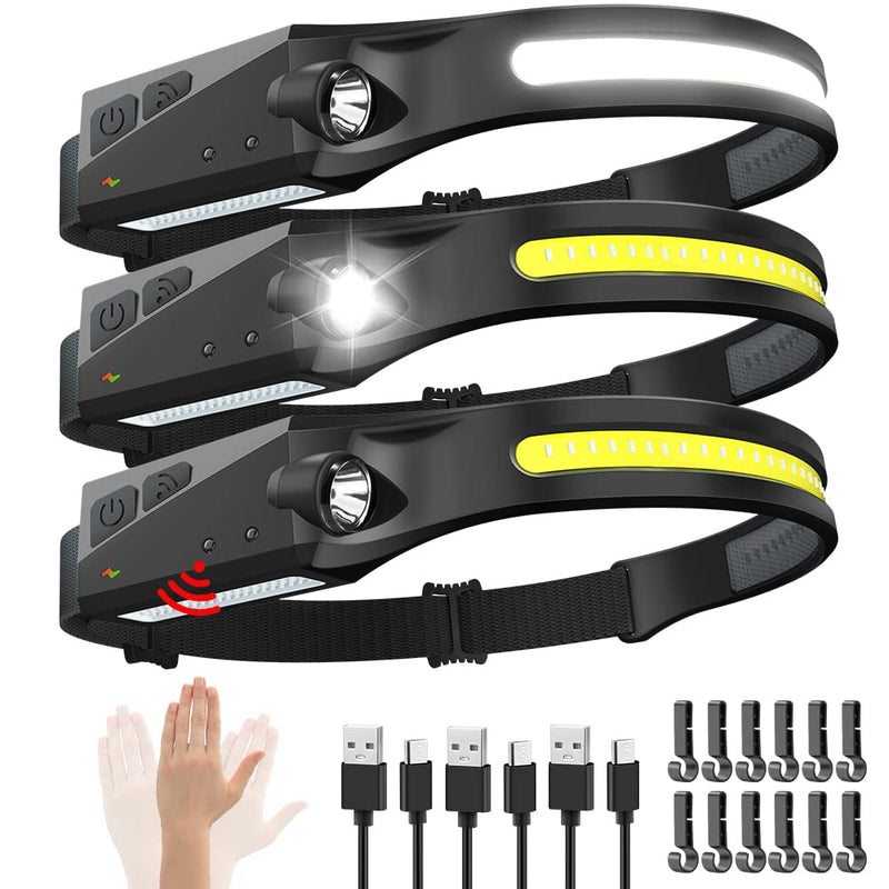 Rechargeable Headlamp 3PCS, 230° Wide Beam Head Lamp, Motion Sensor LED Headlamp Rechargeable, 5Mode Bright Headlamps for Adults, Head Lights for Forehead, Hard Hat Headlight, Camping Essentials Gear 3Pack