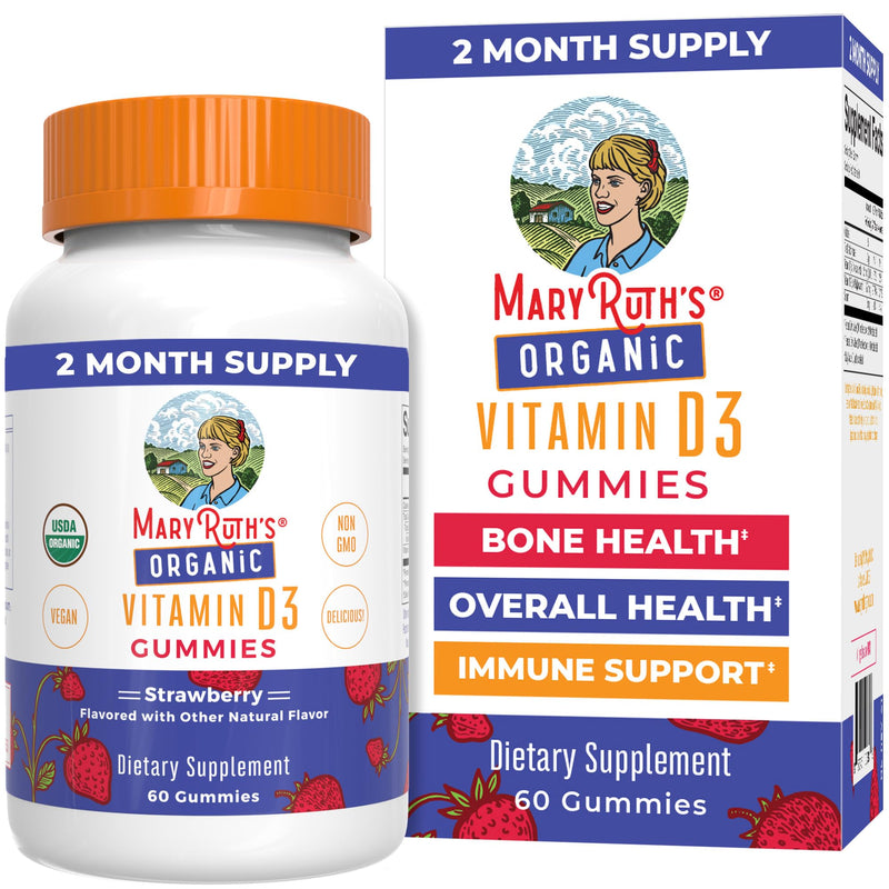 MARYRUTH'S Organic Vitamin D3 Gummies, 1000 IU, Immune Support, 60 Count | USDA Organic, Immune Support, Bone Health, Muscle Function, For Adults & Kids Ages 2+