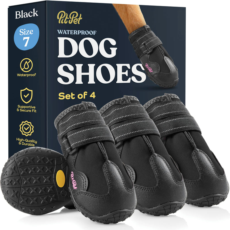 Waterproof Dog Shoes - Stylish Designed Shoes for Dogs - Dog Boots with Non-Slip Rubber Bottom Protects Paw from Hot or Cold Pavement, Dog Booties with Reflective Straps for Dogs Safety, Puppy Shoes. Black Size 7: 2.99"Width 2.95"Length - BeesActive Australia