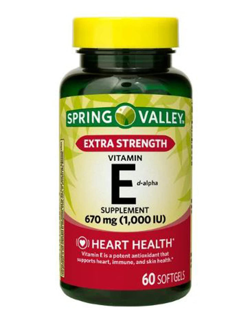Extra Strength Vitamin E D-Alpha Spring Valley Softgels, 670 mg (1,000 IU), 60 Count and Bookmark Gift of YOLOMOLO - BeesActive Australia