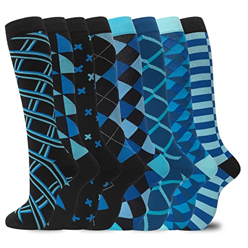 hello momoya Compression Socks for Women Men Circulation Knee High 8 Pairs for Nurses, Running, Travel, Athletic Large-X-Large 02-8 Pairs-diamond 1