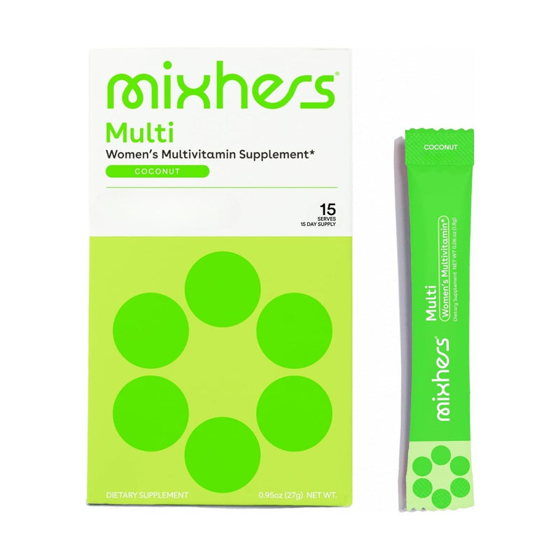 MIXHERS Multi - Women's Multivitamin Drink Mix - 15 Drink Packets - Coconut | Plant-based, gluten-free & sugar-free; vitamins A, C, D, E, K & B12; powder mix, stevia-sweetened