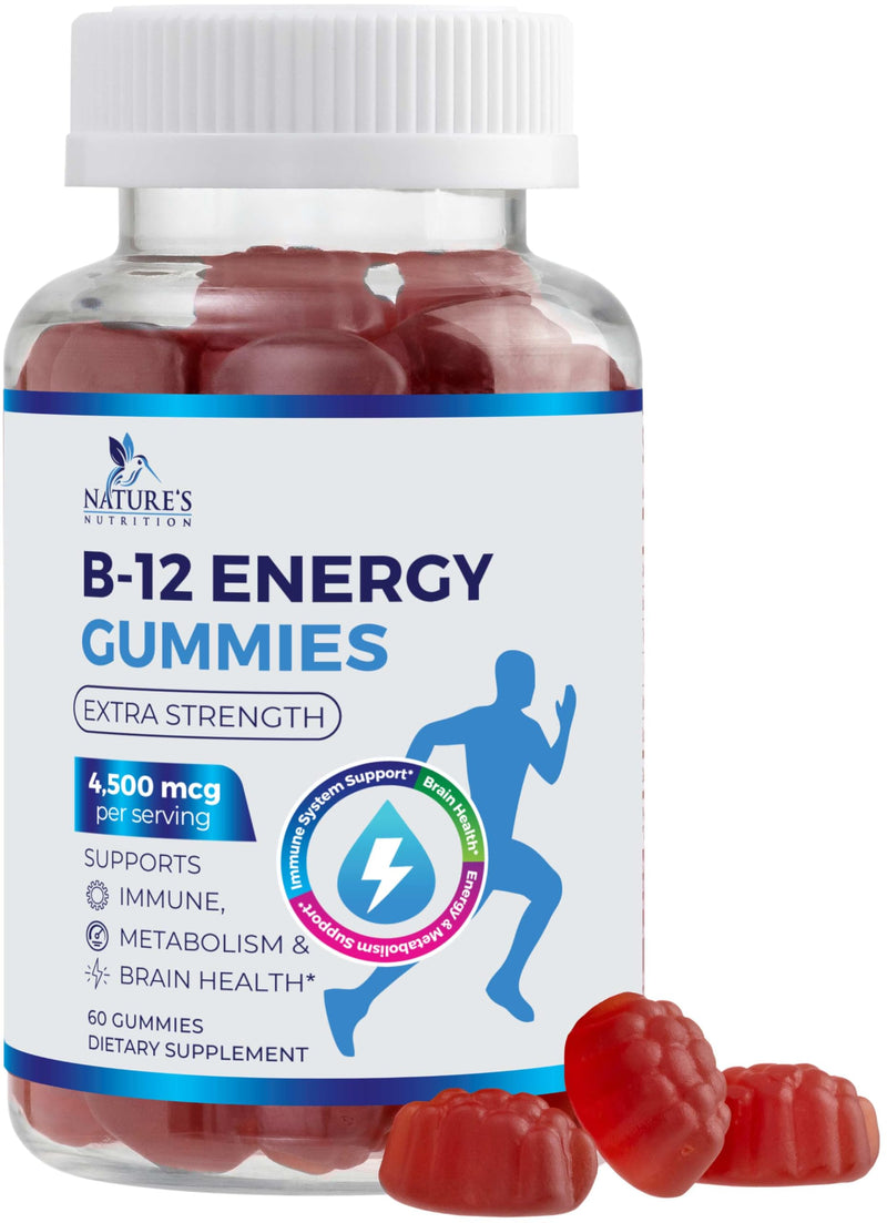 B12 Energy Gummies - 4500 mcg Vitamin B12 Per Serving - Extra Strength Chewable B12 Supplement for Energy, Metabolism & Immune Support - For Women, Men & Kids - Natural & Berry Flavored - 60 Gummies 60 Count (Pack of 1)