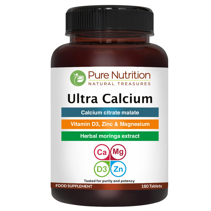 Pure Nutrition Ultra Calcium Citrate 1000mg Highly absorbable Calcium Supplement with Calcium Citrate Malate, Vitamin D, Zinc and Magnesium - 1 Tablet Daily (180 Veg Tabs) Non-GMO | Gluten-Free 1 Count (Pack of 1)