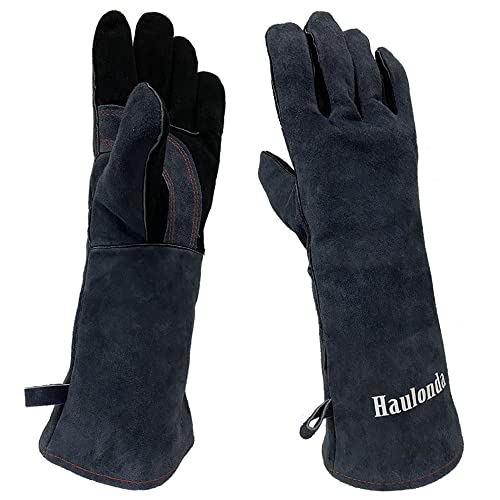 Welding Gloves Large 16 Inches 932℉ Heat Resistant Leather Forge/Mig/Stick Fire Resistant Gloves Black+dark Grey