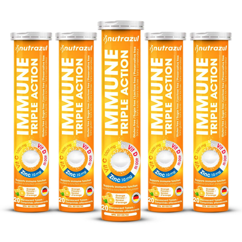 nutrazul Immune Triple Action Effervescent Tablets with Vitamin C 1000mg, Vitamin D, Zinc, Support Daily Routine, Gluten-Free, Sugar-Free, Lactose-Free, Orange Flavor, 20 Tablets (Pack of 5x20) 20 Count (Pack of 5)