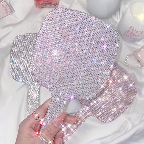 TISHAA Bling Handheld Makeup Mirror – Sparkly Crystal Rhinestone Compact Mirror for Women, Cute Portable Vanity Mirror for Travel, Purse, Gift for Her (White AB) White Ab