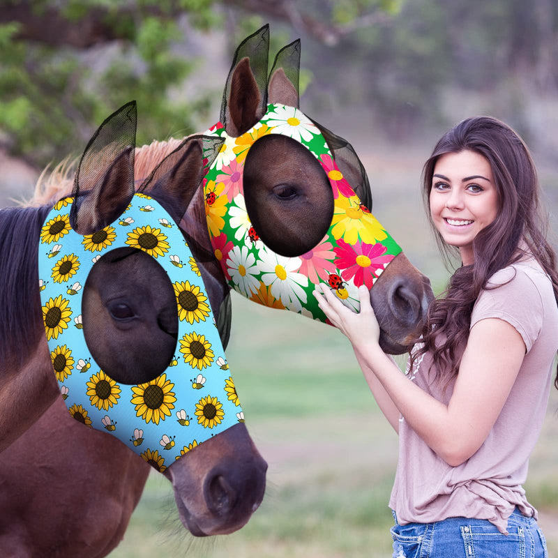 Weewooday 2 Pieces Horse Fly Masks for Horses Soft Fly Masks for Horses with Ears Smooth and Elasticity Fly Mask with UV Protection(L, Flower Patterns) L - BeesActive Australia