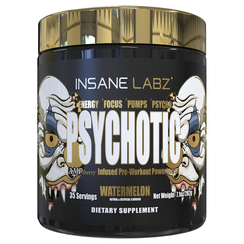 Insane Labz Psychotic Gold, High Stimulant Pre Workout Powder, Extreme Lasting Energy Focus, Pumps and Endurance with Beta Alanine, DMAE Bitartrate, NO Booster (35 Servings, Watermelon) 7.1 Ounce (Pack of 1)