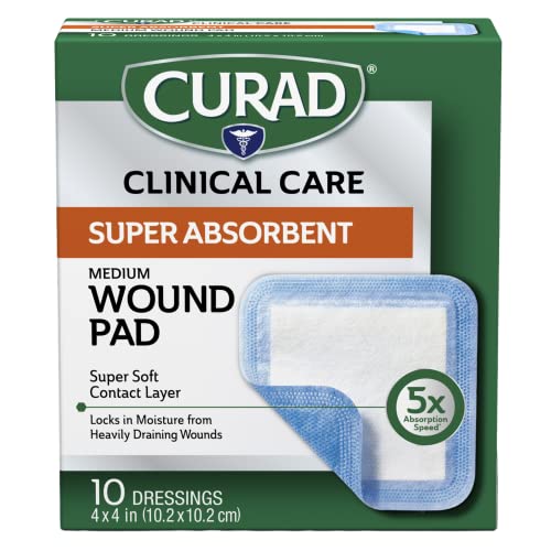 Curad Super Absorbent Wound Pad, Medium, 4" x 4", 10 Count 4" X 4"