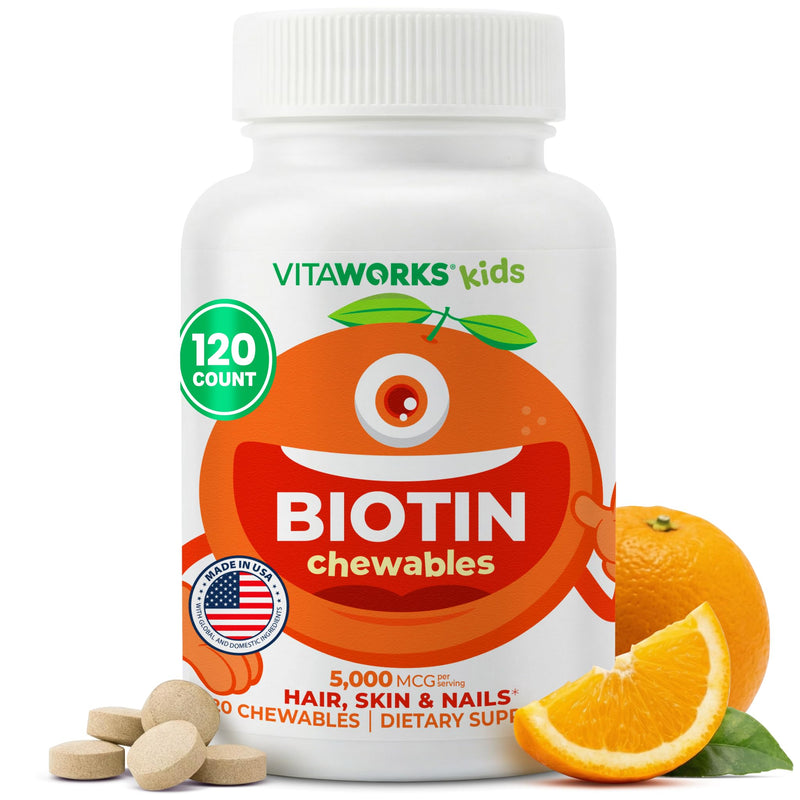 VitaWorks Kids Biotin 5000mcg Chewable Tablets | Tasty Biotin Supplement | Vegan, Non GMO | Hair Growth, Skin and Nail Heath | Hair Vitamins for Kids | 120 Chewables