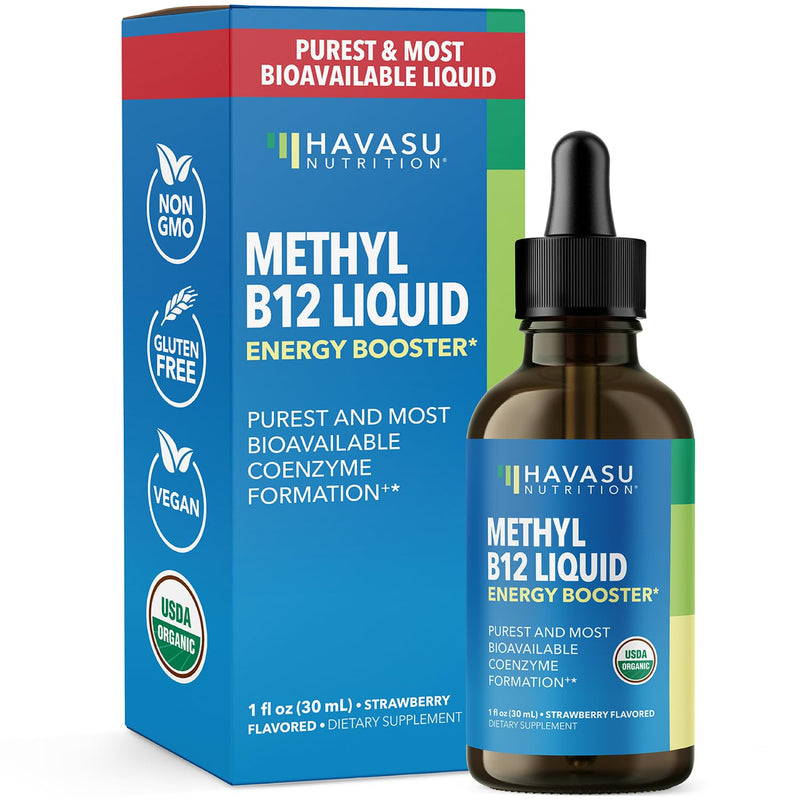 Organic Vitamin B12 Liquid Drops, Strawberry, Enhanced Energy, 1 Fl Oz | USDA Organic Vitamin B12 Liquid Drops, Highly Bioavailable Methylcobalamin for Nervous System Support, 30 Servings, Non-GMO