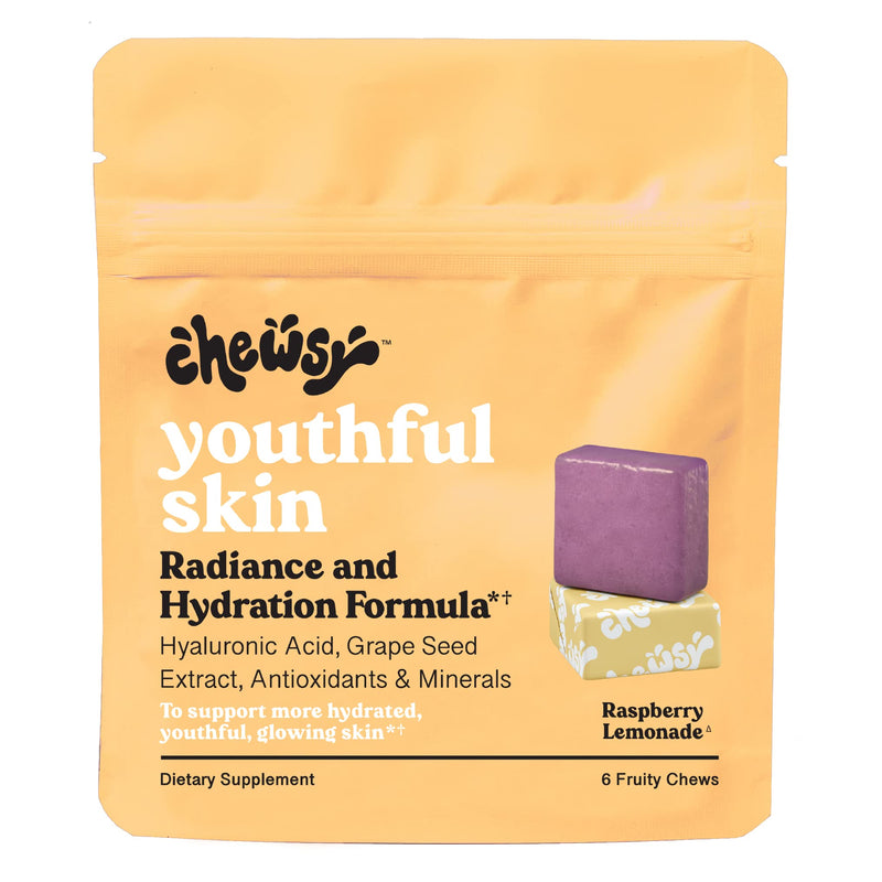 Youthful Skin, Fruity Chews Vitamins, Radiance & Hydration Formula, Hyaluronic Acid, Grape Seed Extract, Antioxidants & Minerals, Vitamins Raspberry Lemonade Flavor 6-Day Supply Youthful Skin 6 Count (Pack of 1)
