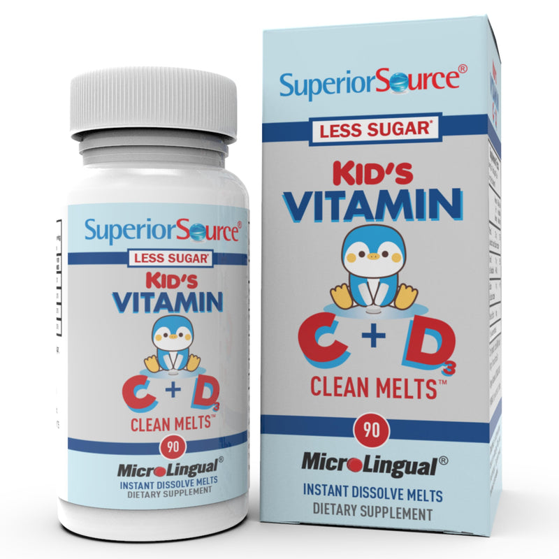 Superior Source Kid's Vitamin C & D3 Clean Melts - Immune Support Supplement for Children - Less Sugar - Non-GMO & Gluten-Free - 90 MicroLingual Instant-Dissolve Melts 30 mcg, 400 IU