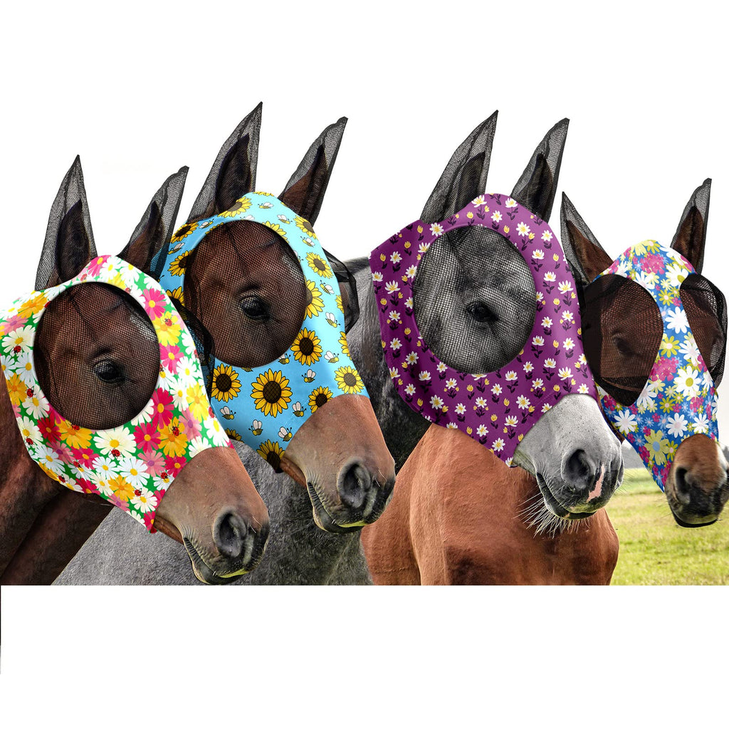 Frienda 4 Pieces Horse Fly Masks for Horses Horse Fly Mask with Ears Face Covering Elasticity Smooth and Comfortable Horse Mask with UV Protection(Medium, Flower) Medium