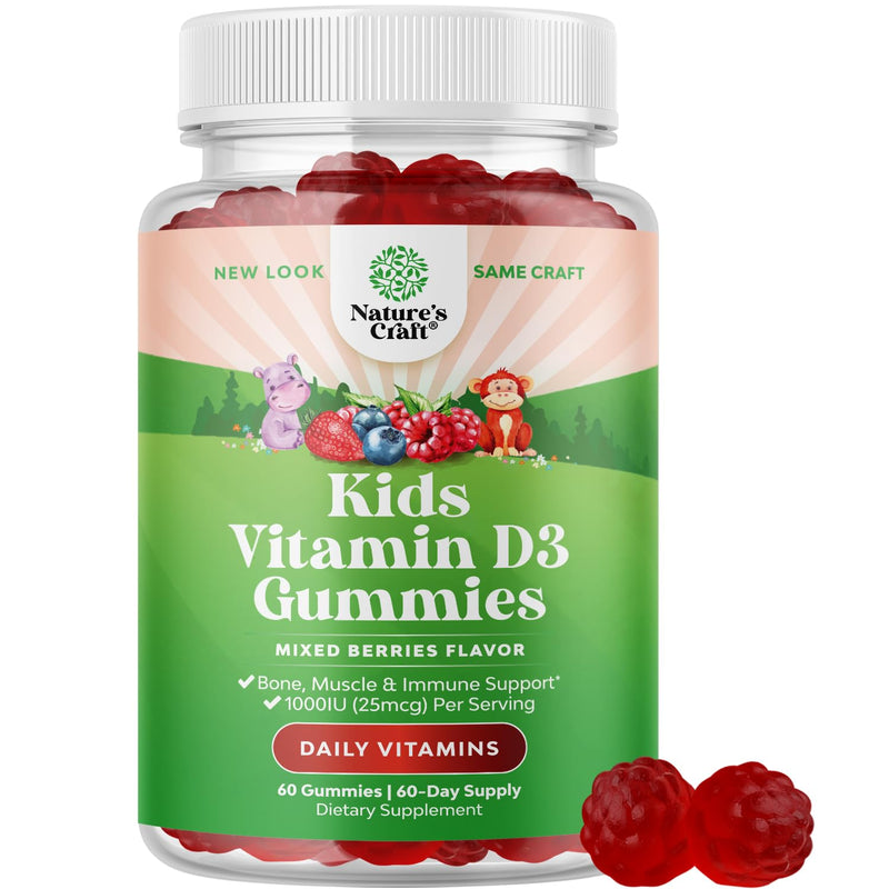 Chewable Vitamin D Gummies for Kids - Delicious Vitamin D 1000 IU Per Serving - Toddlers Immune Support Gummies - Berries Flavored Supplement for Bones Health & Muscles - Gelatin Free - 60 Count