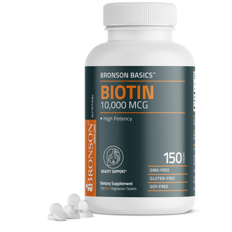 Bronson Biotin 10,000mcg, Supports Healthy Hair, Skin and Nails, Vegetarian, Non-GMO, 150 Tablets Unflavored 150 Count (Pack of 1) - BeesActive Australia