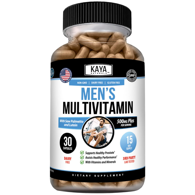 Kaya Naturals Men’s Multivitamin with Saw Palmetto & Lutein, 30 Capsules | 20 Vitamins & Minerals - Saw Palmetto; Lutein, Lycopene; Botanical, Immune & Antioxidant Blends - Vegetable Capsules 30 Count (Pack of 1)