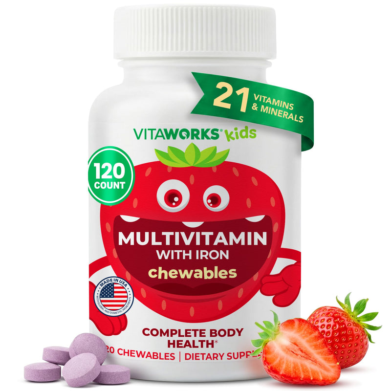 Kids Multivitamin with Iron & Minerals Chewable Tablets - Mixed Fruit Flavor - Vegetarian, GMO-Free, Nut Free - Dietary Supplement - Digestive Support for Children - 120 Chewables 120 Count (Pack of 1)