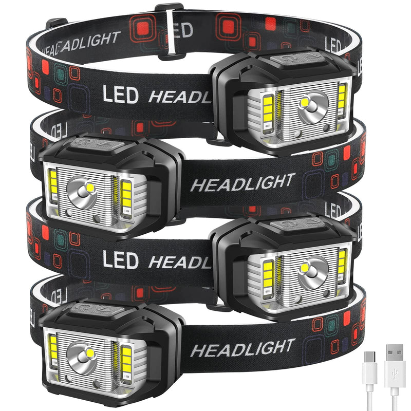 Headlamp Rechargeable, High Lumen Super Bright Motion Sensor LED Head Lamp Flashlight, Waterproof Headlight with White Red Light,14 Modes Head Lights for Camping Fishing Running- 4 Pack 4 Packs