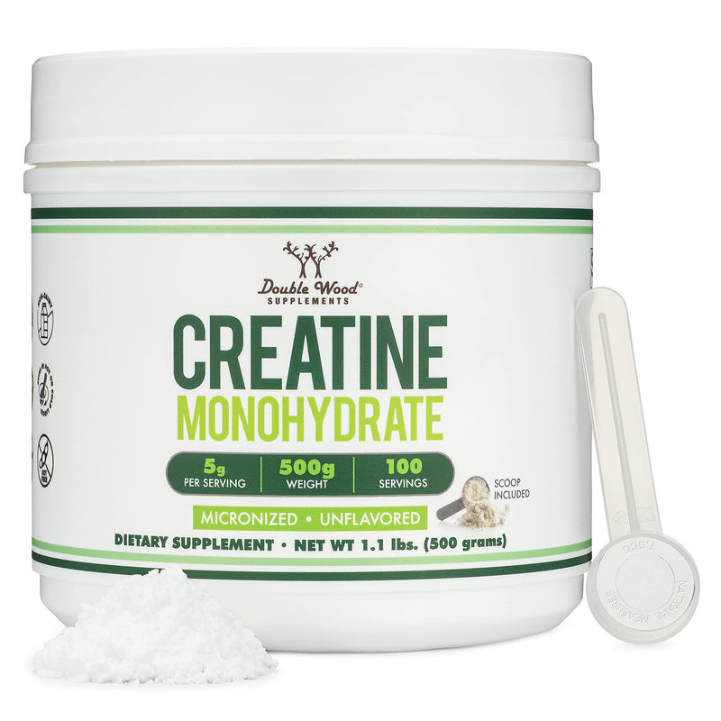 Creatine Monohydrate Powder 1.1lbs (100 Servings of 5 Grams Each - Third Party Tested Micronized Creatine Powder) Unflavored, Keto, Vegan Friendly (with Scoop)(Creatina Monohidratada) by Double Wood - BeesActive Australia