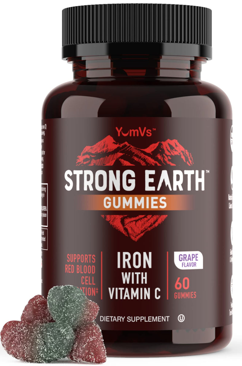 YUM-V'S Strong Earth Iron with Vitamin C Gummies (60 Count) - Iron Supplements with Vitamin C Gummy - Blood Builder Anemia FE Iron Gummies, Iron Supplement for Women and Men 60 Count (Pack of 1)