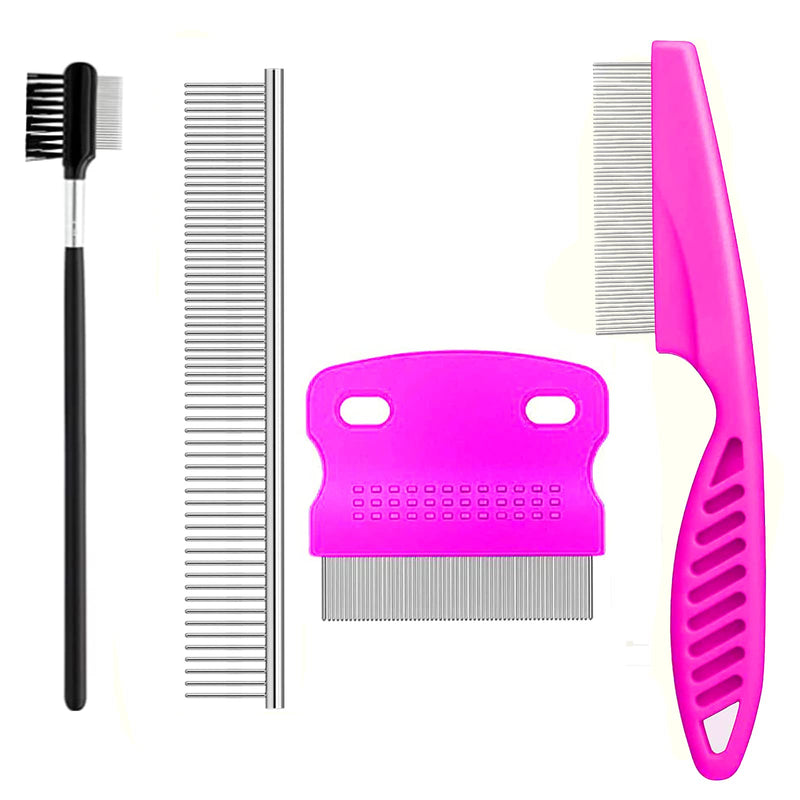 4 Pcs Pet Grooming Kit for Small Long and Short Haired Dog Cat and Puppy, Flea Comb For Dogs and Cats Pet Lice Comb, Tear Stain Remover Comb,with Fine-Toothed to Remove Knots Crust and Mucus (Pink) Pink - BeesActive Australia