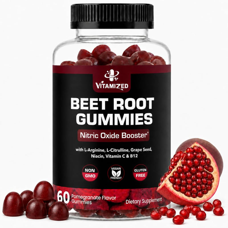 Beet Root Gummies w Grape Seed - Vitamin C, B12, L-Arginine & L-Citrulline | for Circulation Flow & Heart Healthy Energy - Pomegranate Flavor, 60 Count Potent
