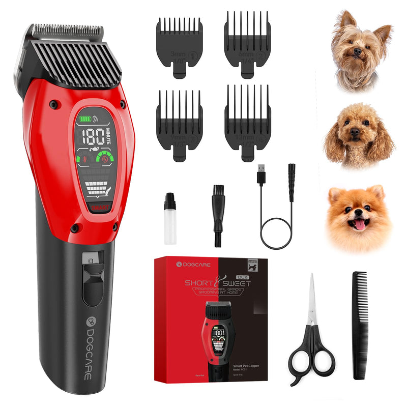DOG CARE Smart Dog Clippers, Cordless Grooming Clipper Kit with Heatproof Blades, LED Display, 3 Speeds, Auxiliary Light, Rechargeable Heavy-Duty Professional Pet Hair Trimmer Shaver for Dog Cat Red - BeesActive Australia