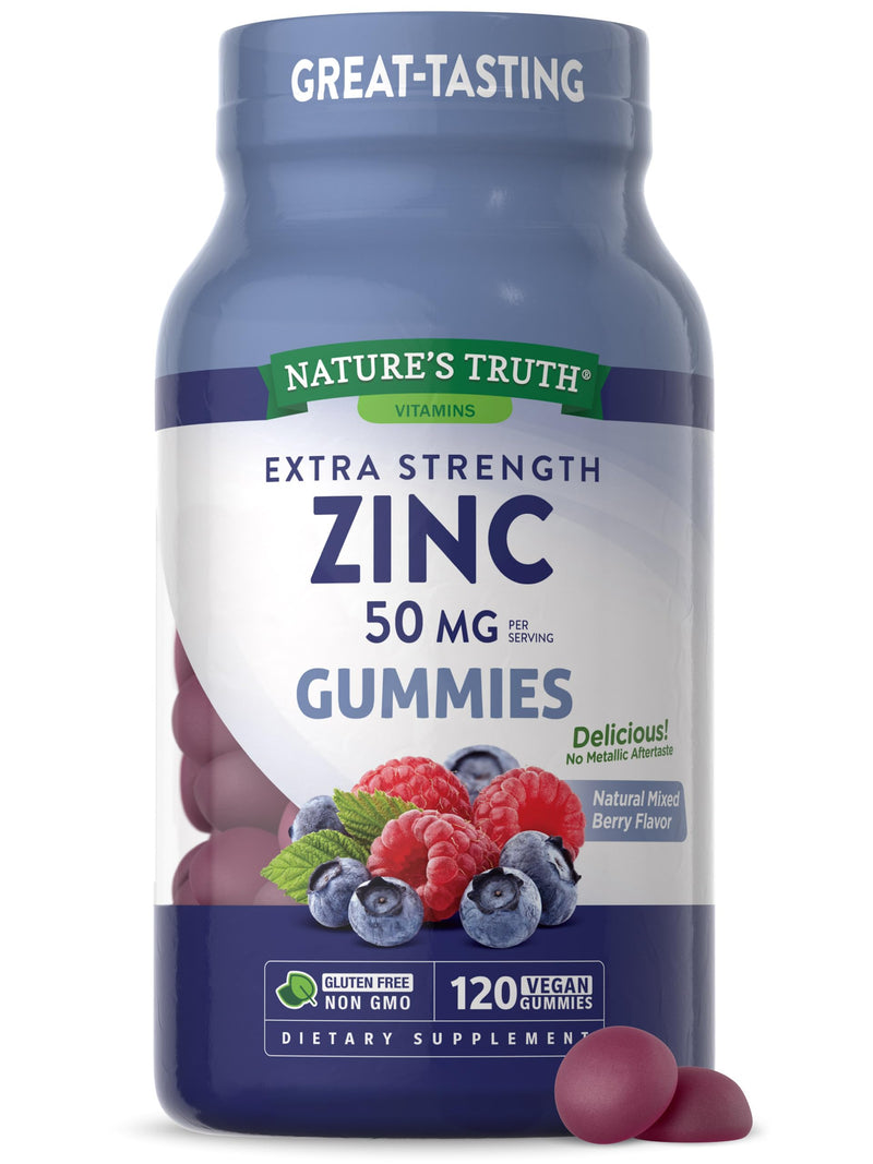 Zinc Gummies for Adults | 50mg | 120 count | Vegan, Non-GMO & Gluten Free Supplement | Mixed Berry Flavor | by Nature's Truth - BeesActive Australia