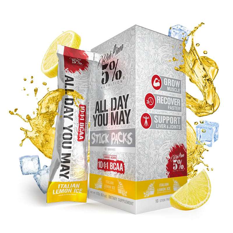 5% Nutrition Rich Piana AllDayYouMay BCAA Powder Stick Packs | Premium Intra & Post Workout Amino Acids, EAA, Electrolytes for Endurance, Hydration, Muscle Recovery (Italian Lemon Ice) (10 Count) Italian Lemon Ice (Non-Caffeinated)