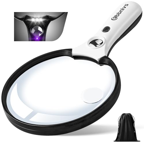Large Magnifying Glass with Light, Magnifier Handheld Illuminated Lighted Magnifier with 3 LED Lights 1 UV Light Storage Bag Clean Cloth for Seniors Reading Inspection Black